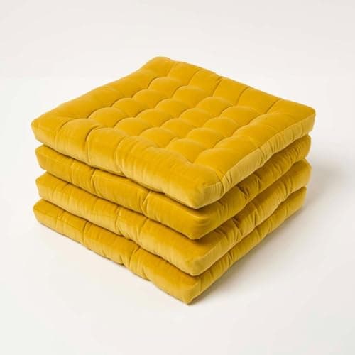 Image of HOMESCAPES Set of 4 Mustard Yellow Velvet Seat Pads for Dining Chair 40 x 40 cm Super Soft 100% Cotton Quilted Velvet Chair Pads with Straps Indoor & Outdoor Garden Use for Lasting Comfort & Support