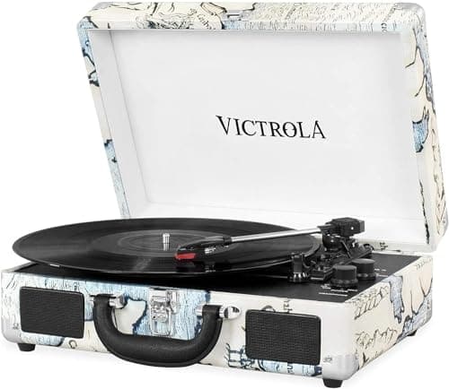 Image of Victrola Journey Portable Record Player – Suitcase 5.0 Bluetooth turntable with 3-Speeds, Built-in Stereo Speakers, 3.5mm Aux-in Jack, Map Print (VSC-550BT)