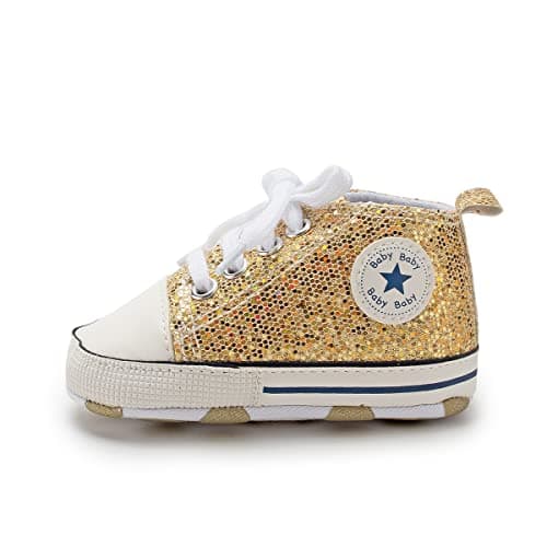Image of Baby Boys Girls Infant Canvas Sneakers High Top Lace up Bling Sequins Soft Sole Newborn First Walkers Shoe (Gold 0-6 Months)