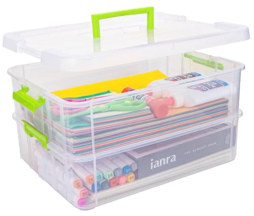 Image of Creahaus 2 Layer Plastic Storage Containers with Lids, Multipurpose Clear Stack & Carry Box, Portable Craft Organizers and Storage Bin for Organizing Art Craft, Sewing, Building Blocks, Nail Supplies
