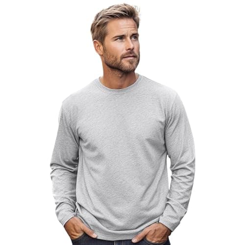 Image of Men’s 100% Soft Organic Cotton Heather Grey Long Sleeve T-Shirt Crew Neck Casual Training Hiking Workout Athletic Tee (Heather Grey, S)