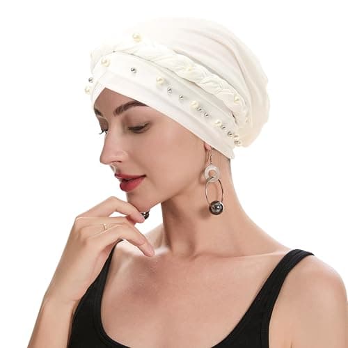 Image of ZLYC Chemo Headwear for Women Pre Tied Turban Headwear Lightweight Beanie Hat, White Pearls, One Size