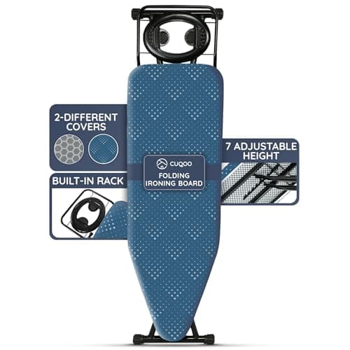 Image of CUQOO Folding Ironing Board – 122x38cm, Adjustable Height (74-91cm), Durable with Safety Lock & Anti-Skid Feet, Includes Silicone Iron Rest & 2 Stylish Covers