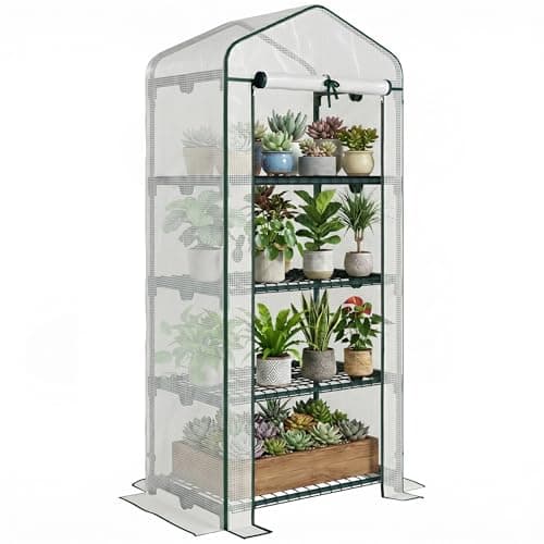 Image of Outsunny 4 Tier Mini Greenhouse, Portable Compact Green House with Steel Frame, PE Cover, Roll-up Door, 70 x 50 x 160 cm, White