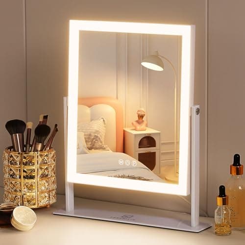 Image of FENCHILIN Vanity Mirror with Lights Hollywood Makeup Mirror with Lights Lighted 360° Rotation 3 Color Lighting Modes 10X Magnifying for Dressing Table 25x30 cm