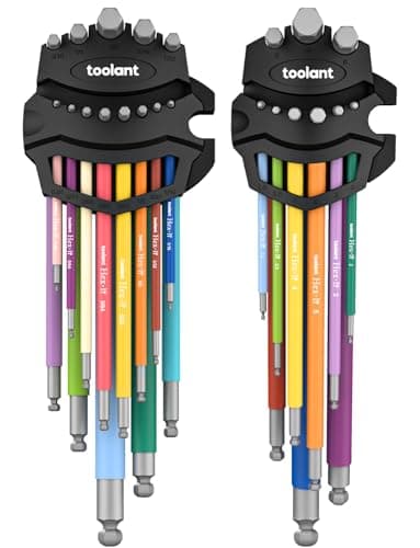 Image of Toolant Allen Wrench Set of 22 (Metric & SAE) Extra Long Arm Ball End Hex Key Wrench Set with Color Coded Sleeves and Unique Patented Design to Magnet and