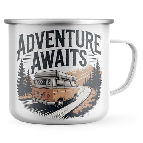 Image of Purple Print House Adventure Awaits Enamel Mug - Motorhome Camping Metal Tea Coffee Cup for Campers and Van Life Enthusiasts - Road Trip Travel Gift