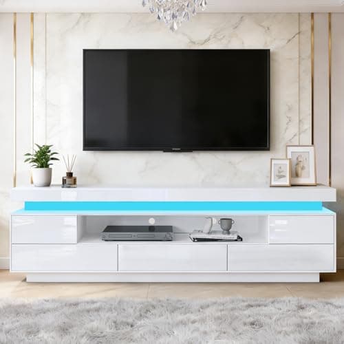 Image of TV Stand Cabinet Modern White Gloss TV Stand Unit with LED Lights 150CM, 5 Drawers, 1 Open Shelf and Hidden Top Storage Space, for Bedroom Living Room Home Furniture
