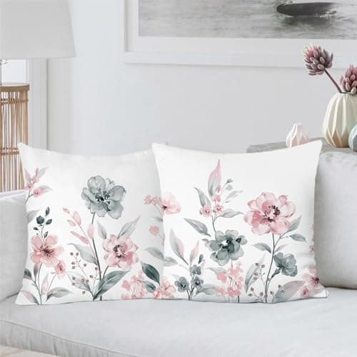 Image of Bonhause Watercolor Floral Cushion Covers 45 x 45 cm Grey Pink Flowers Abstract Modern Decorative Throw Pillow Covers for Sofa Couch Bed Home Garden Patio Decor Set of 2