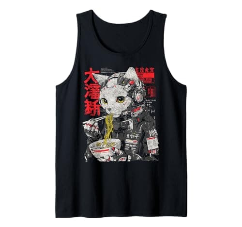 Image of Japanese Streetwear Cat Eats Ramen Cyberpunk Y2K Anime Tank Top
