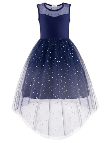 Image of Arshiner Girls' Dresses Sleeveless Children's Summer Party Festive Wedding Communion Bridesmaid Dress Girl Tulle Dress with Asymmetrical Hem and Belt Blue Gradient 10-11 Years