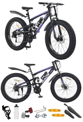 Image of 24", 26 Inch Mountain Bike, Adult Bicycle, Teenager Bike, All Terrain Sport’s Cycle, Unisex MTB, Men & Women’s Bike, Dual Suspension, Double Disc Brakes, 21 Speed, Purple (24 Inch)