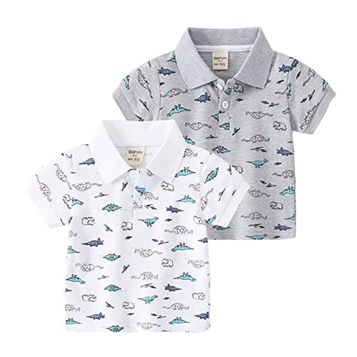 Image of NautySaurs Boys Polo Shirts for 2-6 Years Kids Dinosaurs Short Sleeve T-Shirts 2-Pack Baby Boy Summer Tees (Dinosaur-White+Grey, 2 Years)