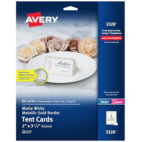 Image of Avery Printable Tent Card, 2" x 3.5", White with Metallic Gold Borders 80 Blank Place Cards for Laser or Inkjet Printers (3328)