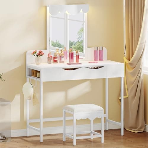 Image of YITAHOME Dressing Table with Mirror & Cloud-Shaped Accent, Makeup Vanity Desk with 3-Color Dimmable LED Lighting, Drawer, Side Holders, & Stool for Dressing Room, Bathroom, 100x40x140cm, White