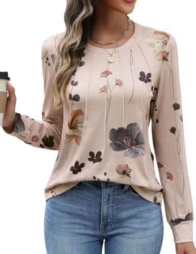 Image of heekpek Womens Long Sleeve T Shirts Crew Neck Pleated Tops Casual Basic T-Shirt Floral Printed Tunic Tops for Spring Autumn Summer, Brown Flowers, S