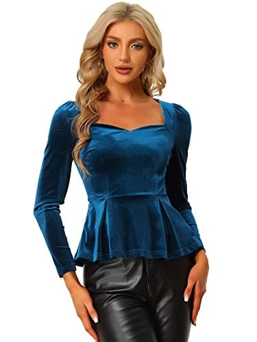 Image of Allegra K Velvet Blouse for Women's Christmas Elegant Sweetheart Neck Long Sleeve Peplum Top Medium Dark Blue