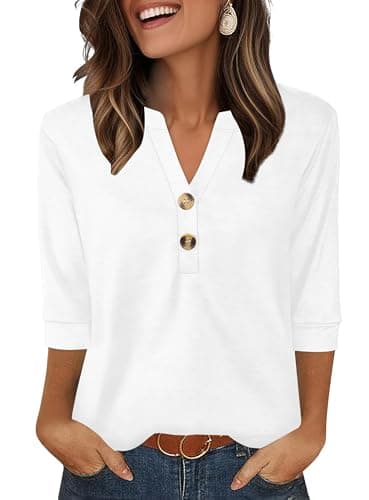Image of Aokosor Womens 3/4 Sleeve Tops Ladies Blouse V Neck Tunic Long Sleeve T Shirts Curved Hem Office Wear White Top Size 10-12 for UK