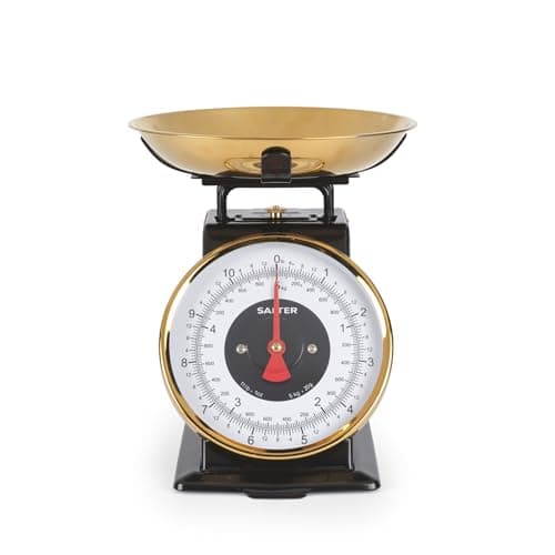Image of Salter Timeless Kitchen Scale - Mechanical Baking Scale, 5kg/11lbs, 1 Litre Stainless Steel Bowl, 20g/1lbs Increments, Easy Read Large Dial Digits, 25cm Height. No Batteries Needed, Black/Gold