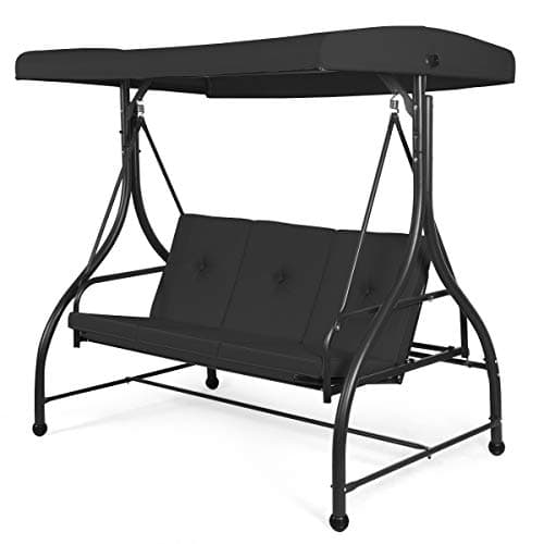 Image of COSTWAY 3 Seater Garden Swing Chair, Convertible Outdoor Hammock Bench Chair with Adjustable Canopy and Cushions, Steel Frame Porch Patio Swing Seat Lounger for Balcony, Deck and Poolside (Black)