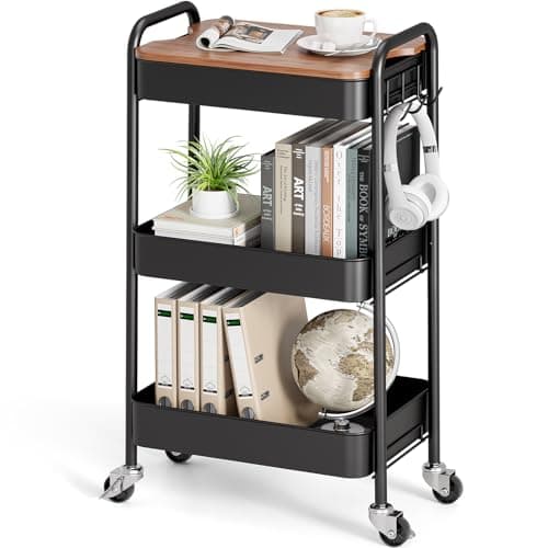 Image of KINGRACK 3 Tier Metal Storage Trolley on Wheels with Removeable Wooden Worktop Trap Table Cover, Beauty Book Craft Tea Art Trolley for Home Bathroom Kitchen Laundry, No screws needed Easy