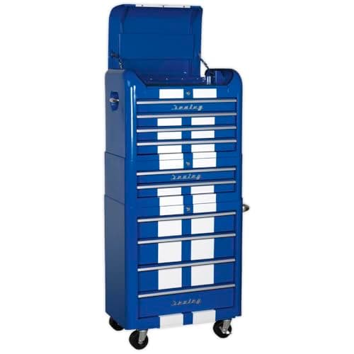 Image of Sealey AP28COMBO2BWS 10 Drawer Retro Style Topchest, Mid-Box & Rollcab Combination Blue/White Stripes