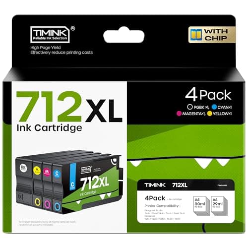 Image of Timink 712XL Ink Cartridges with Chip Replacement for HP 712 XL 712 Ink Cartridge High Yield for HP DesignJet T650 T630 T250 T230 T210 Studio Plotter Printer (Black Cyan Magenta Yellow, 4 Pack)