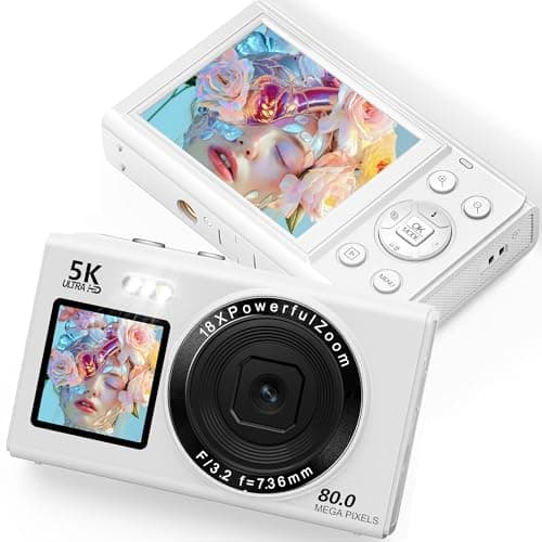 Image of Longyi Digital Camera 5K 80MP Vlogging Cameras for Photography Portable Compact Photo Camera with WIF, 2.4'' Screen & 1.5'' Selfie Screen, 18X Digital Zoom, 32G Card for Kids Beginners As Gift, White