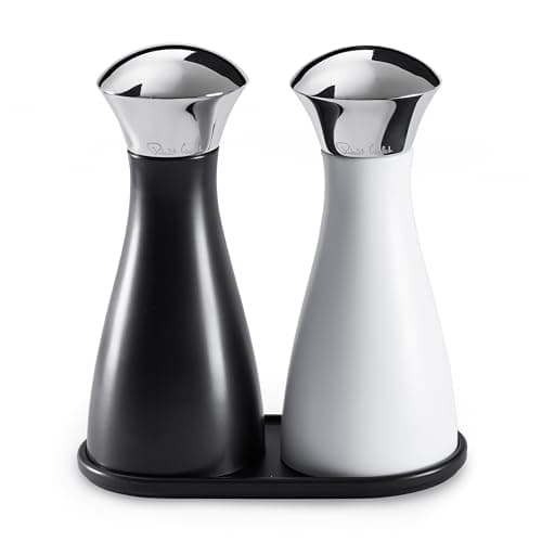 Image of Robert Welch Signature Medium Salt & Pepper Mills Set with Tray. Made from Durable ABS with a Stainless Steel Top. 10 Year Guarantee.