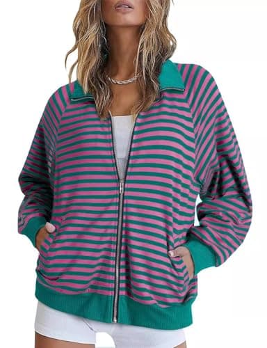 Image of Flikity Ladies Striped Sweatshirt Full Zip Hoodies Casual Workout Jackets Stand Collar Tunic Top with Pockets Pink Green Striped M