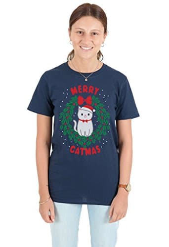 Image of Sanfran - Merry Catmas Top Fashion Christmas Slogan Xmas Meowy Funny Crazy Cat Lady T-Shirt - Extra Large/Navy Blue