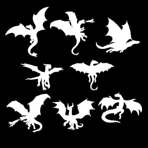 Image of 8 Dragon Silhouette Fun Waterproof Sticker Pack Decal - Car Stickers - Laptop Stickers - Mirror Stickers - Fantasy/Mythical Decals - Gift for Dragon Lover (White, Small Pack)