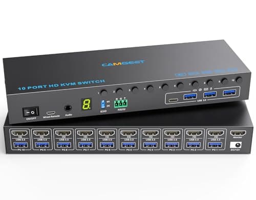 Image of 10 Port 8 Port HDMI KVM Switch 4K@60Hz EDID simulation, USB3.0 KVM Switch HDMI for 10 Computers Share 1 Monitor and 4 USB Devices, KVM Switches with Audio RS232 Wired Remote 12V Power and USB Cable
