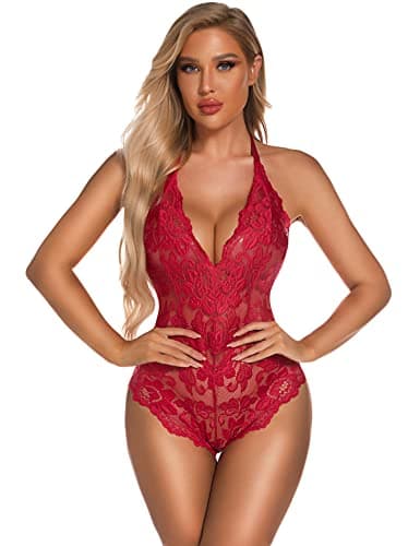 Image of EVELIFE Women's Bodysuit Lace Sexy Teddy Lingerie Naughty One Piece Floral Underwear (Wine red,XL)