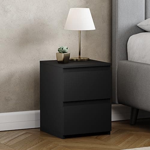 Image of Vida Designs Denver 2 Drawer Bedside Chest | Black | Space-Saving Storage | 52H x 29.5W x 29.5D cm | Narrow Side Table | Minimal | Smooth Metal Runner | Modern Bedroom Nightstand Unit
