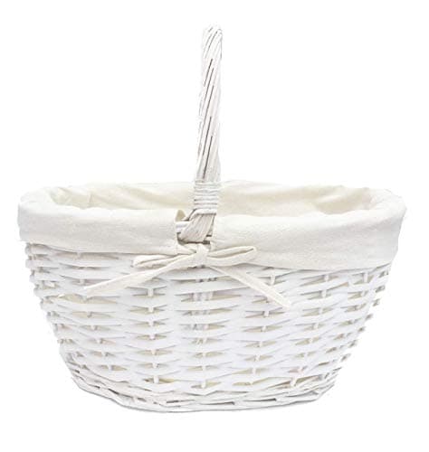 Image of Strong Oval Wicker Garden Trug Basket Flower Harvest Log Fruit With Handle (White, Small 27x22x25cm)