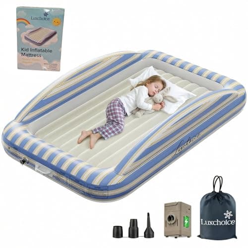 Image of Luxchoice Toddler Travel Bed Kids Blow up Bed with Electric Air Pump and Raised Safety Edges Inflatable kids air bed Soft Flocked Surface Portable for Travel Sleepovers and Home Use