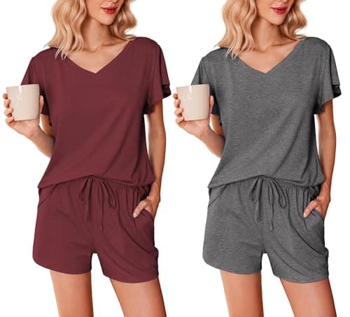 Image of Ekouaer Womens Pyjamas 2 Pack Nightwear Sommer Pjs Sets Ruffle Sleeves Top and Shorts Loungewear,Burgundy + Gray, XL
