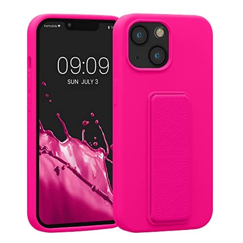 Image of kwmobile Case for Apple iPhone 13 mini Case - Soft TPU Cover with Silicone Coating - With Hand Strap and Stand Function - Shockproof - Neon Pink
