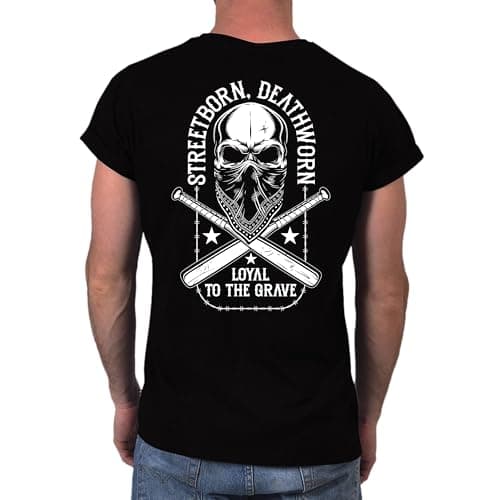 Image of Men’s Skull Graphic T-Shirt - Streetborn Deathworn Urban Streetwear Tee - Gothic Biker Loyalty Shirt - Punk Rock Graphic Tee for Men Black Size XL
