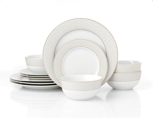 Image of Waterside 12pc Diamond Decor with Gold Band Porcelain Dinnerware Set; 4 Dinner Plates, Side Plates and Deep Bowls