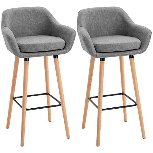Image of HOMCOM Set of 2 Bar Stools Modern Upholstered Seat Bar Chairs w/Metal Frame, Solid Wood Legs Living Room Dining Room Fabric Furniture - Grey
