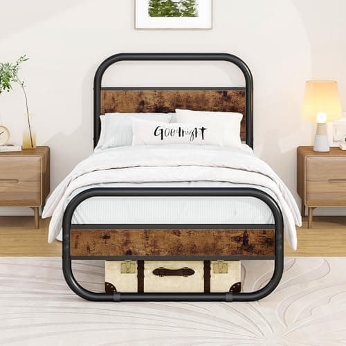 Image of HOMERECOMMEND 3ft Single Bed Frame with Headboard,Oval-Shaped Platform Bed with Under-Bed Storage,Steel Slats Mattress Foundation Round Pipe Design,Brown