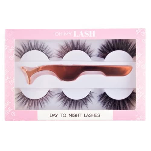 Image of OH MY LASH Multipack Set Black Faux Mink False Strip Eyelashes, 3 Pairs with Rose Gold Applicator Tweezers, Day to Night