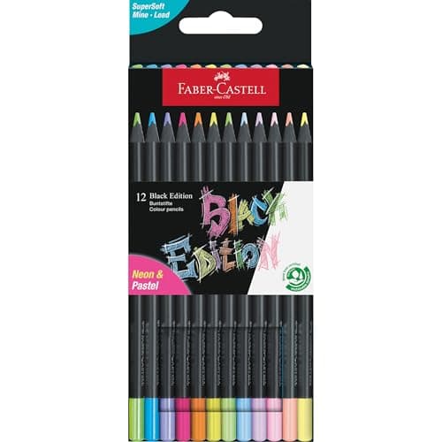 Image of Faber-Castell Colouring Pencils Black Edition Neon and Pastel Colours, Set of 12 tin of 12, Multicolor (116410)