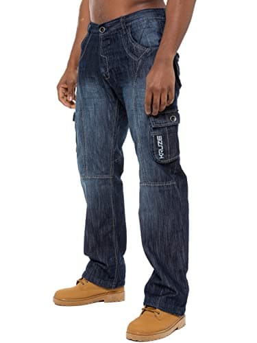 Image of BRAND KRUZE Mens Cargo Combat Denim Jeans KZ103 Work Trousers Pants All Waist Sizes DSW 38 S Dark Blue