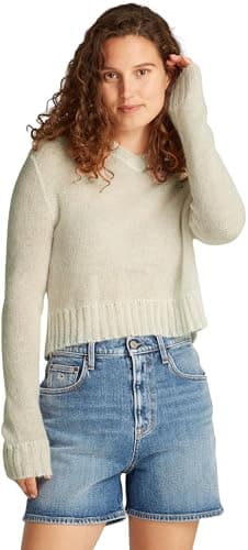Image of Tommy Jeans Women’s V-Neck Open Knit Jumper, Off-White (Ancient White), L