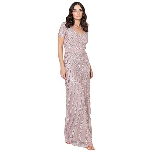 Image of Maya Deluxe Women's Maxi Ladies Embellished Sequin Dress Long Short Sleeve V Neck High Empire Waist A Cut Shiny Prom Wedding Bridesmaid, Frosted Pink, 10