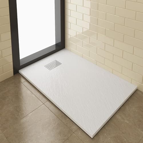Image of ZANOFIRA 1000 x 800mm Slate Effect Shower Tray Anti-Slip Resin Stone Shower Base with Stainless Steel Drain & Waste Cuttable Low Profile Square Shower Enclosure Base