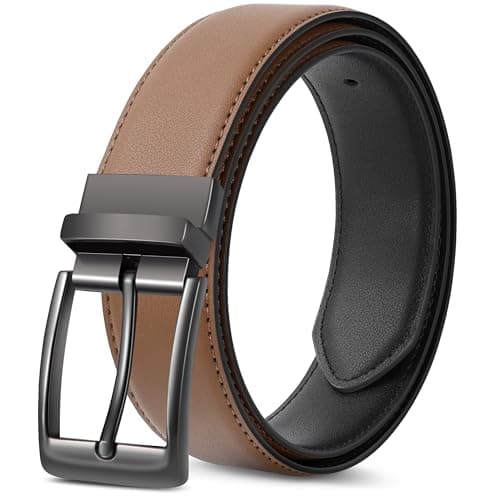 Image of SUNYA Leather Belt for Men. 1 1/3" For Mens Dress Casual Pant. Brown Black Reversible, Trim to Fit